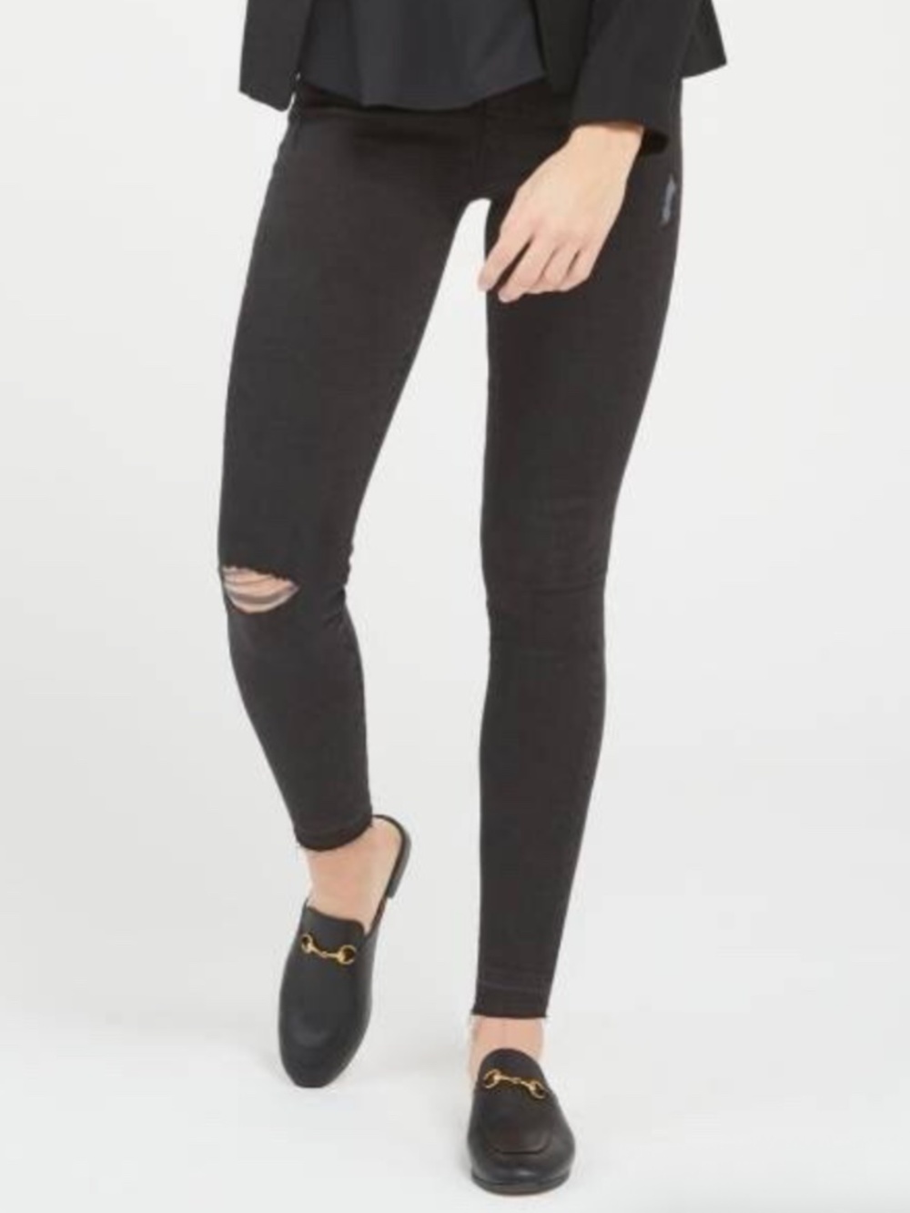 Spanx Distressed Denim Leggings S 20213R Charcoal Gray Ripped Knee Raw Hem Pants